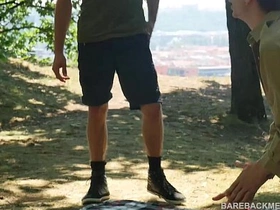 Camp Site Outdoor Bareback Threesome Spit Roast huge chinese gay cock porn